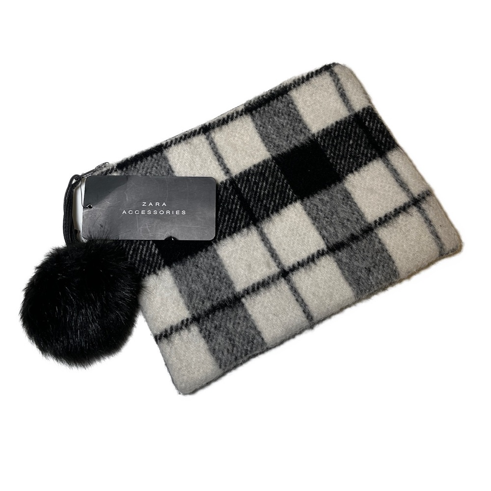 NEW Zara Accessories Zippered Fleece Wool-Like Pom Pom Cosmetic Bag, Gift Ready